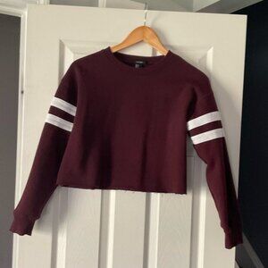Forever 21 Burgundy Cropped Sweatshirt Long Sleeve Striped Varsity Top Size S